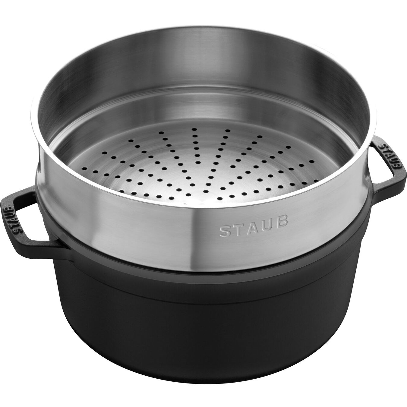 Hrnec STAUB kulatý 26 cm černý s pařákem_0