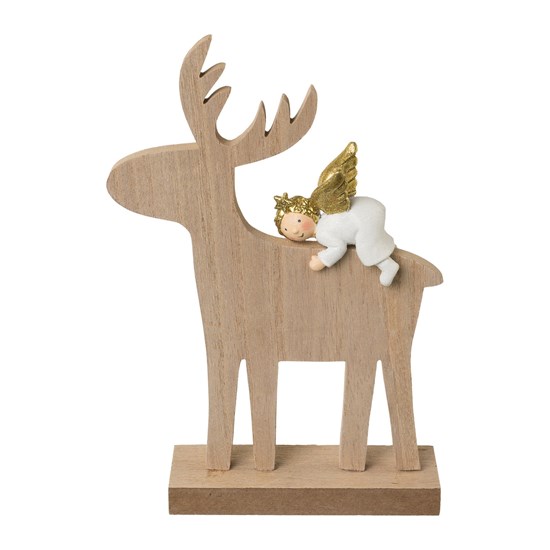 Dřevěný jelen s andělem 19,5 cm_0