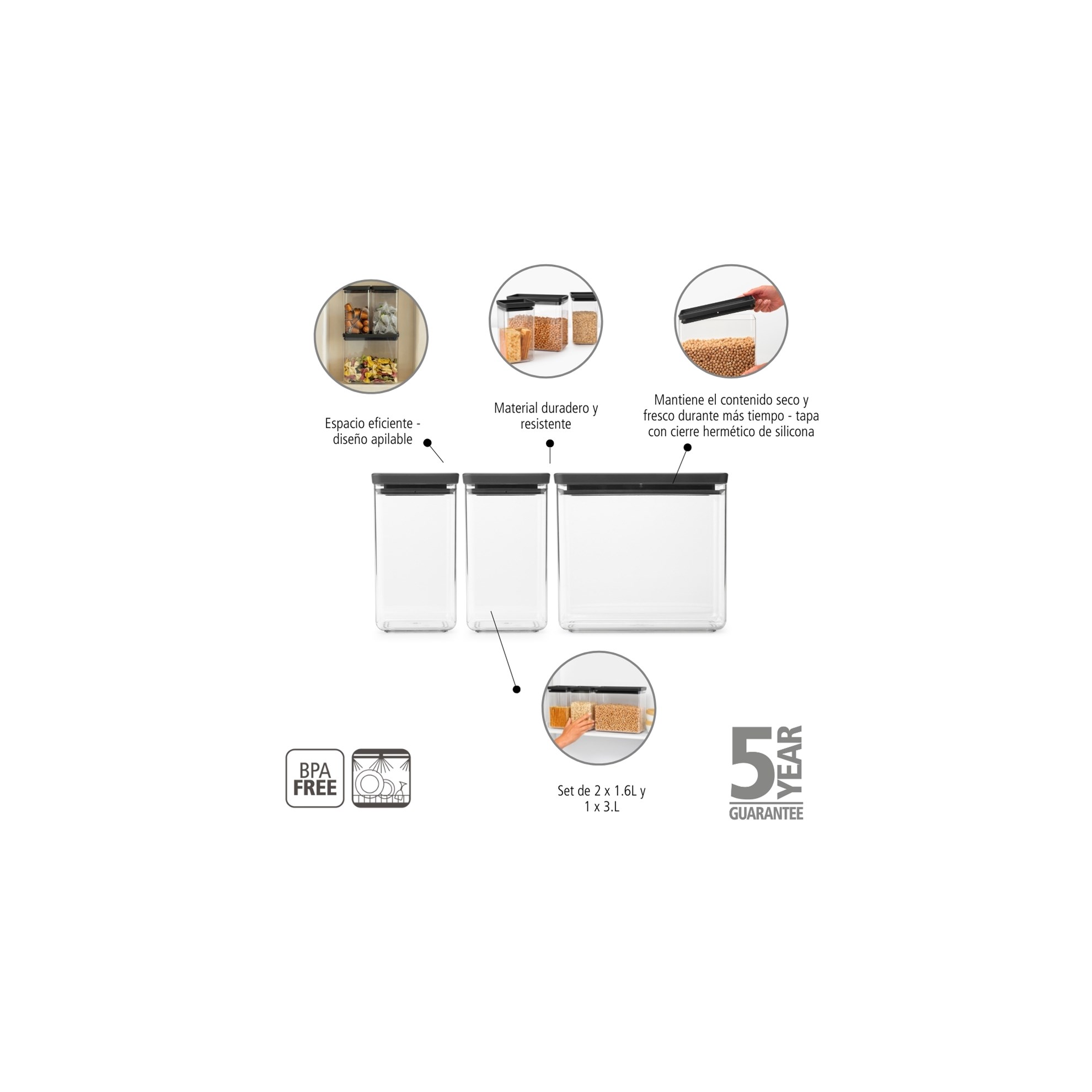 Sada plastových dóz Brabantia SQUARE-2x1,6l/1x3,5l SET/3ks tmavě šedé_5