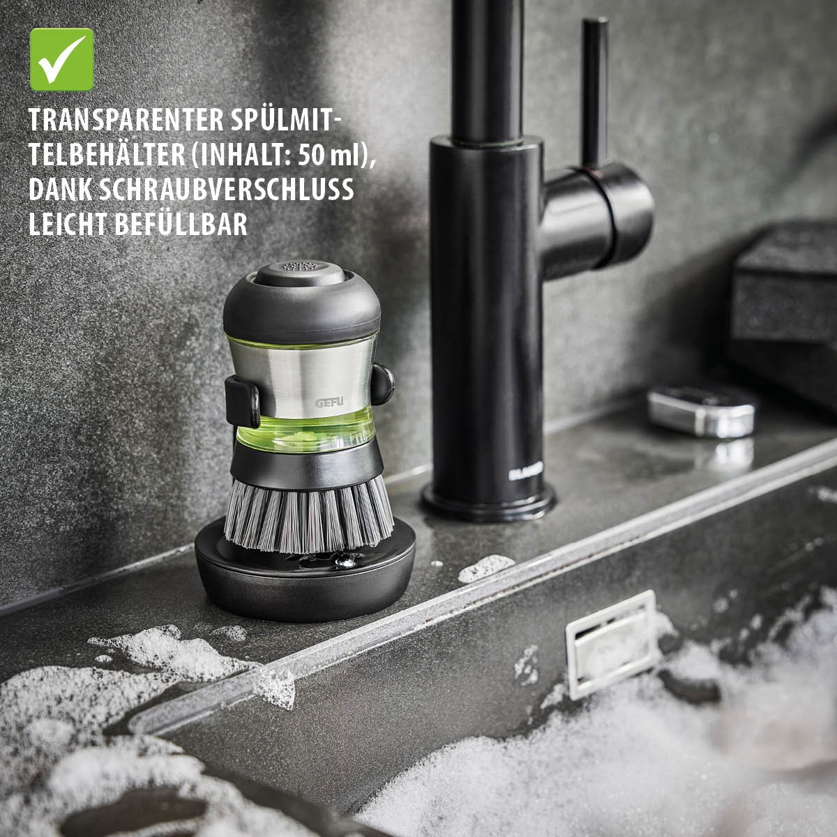 Kartáč na nádobí s dávkovačem mýdla a držákem Gefu SWIFT_1